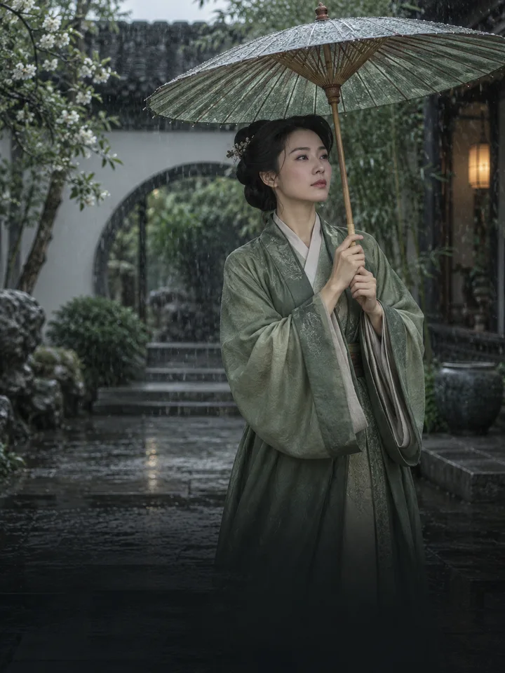古风雨中庭院与伞，原创主题配图
